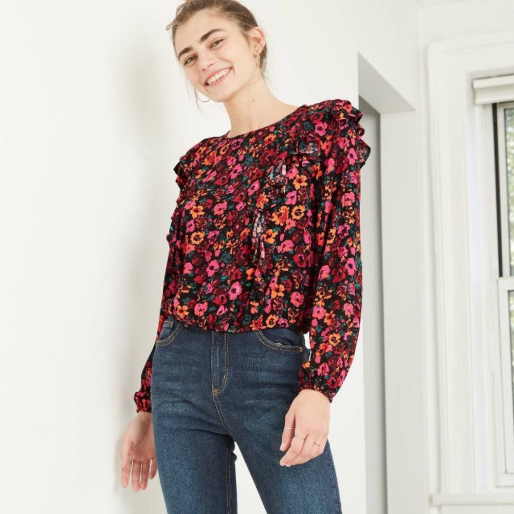 NWT Wild Fable Floral Long Sleeve Ruffle Blouse
